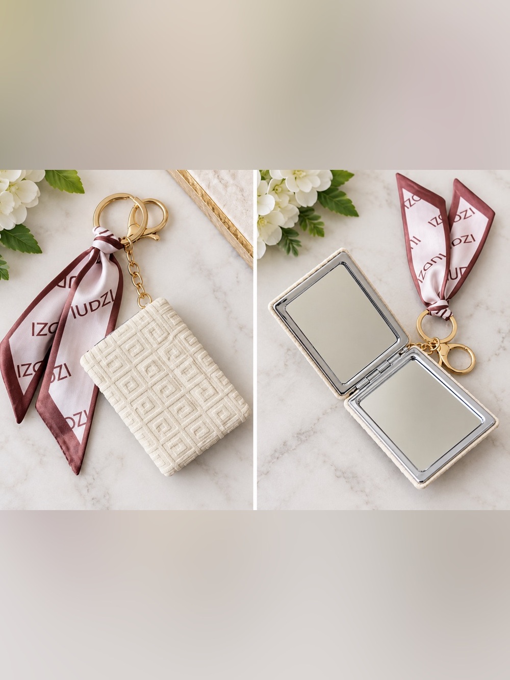 Cream Quilted Compact Mirror Keyring with Scarf Accent
